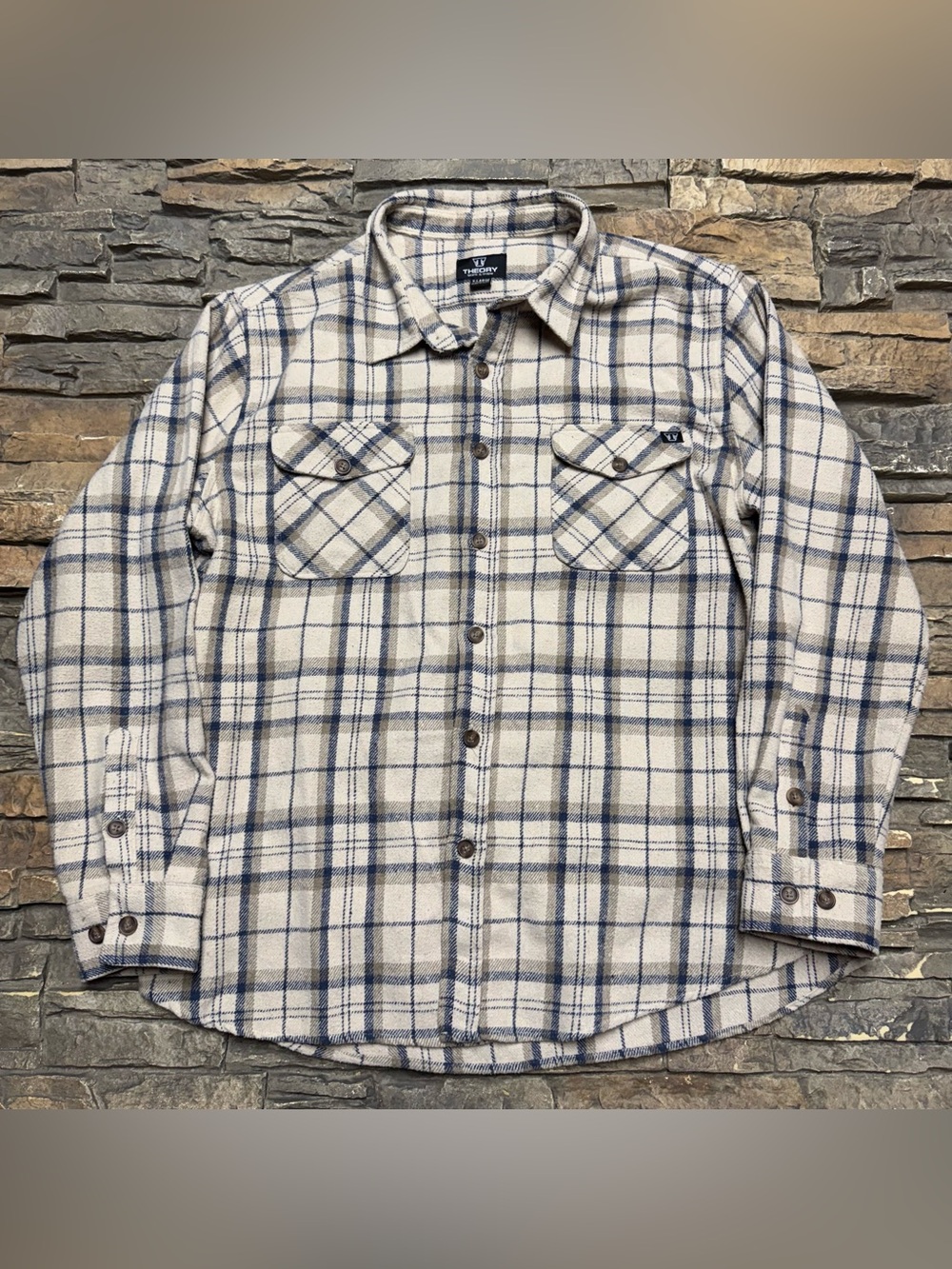 Theory Skate Flannel Shirt Mens XL White Blue Button Up Skateboard Snowboard Y2K